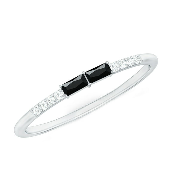 Rosec Jewels Baguette Black Onyx Minimal Ring with Diamond for Women (AAA Quality), 14K White Gold, US 6.50