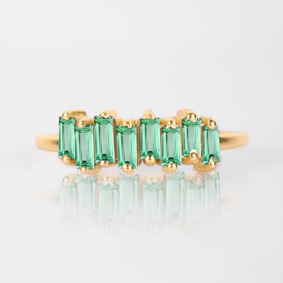 Baguette Cluster Green Sapphire Wedding Band Ring, 925 Starling Silver Ring, Wave Handmade Band Ring, Minimalist Jewelry, September Sapphire Birthstone Ring.