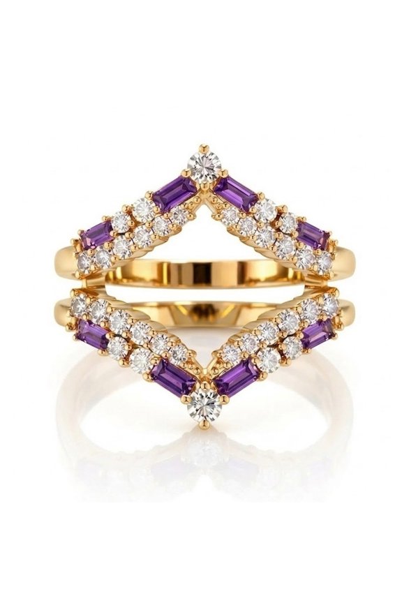 Baguette Cut Amethyst & Diamond Chevron Ring Enhancer, Stacking Ring Enhancer, Anniversary Gift For Wife, Art Deco Bridal Ring, Handmade Jewelry
