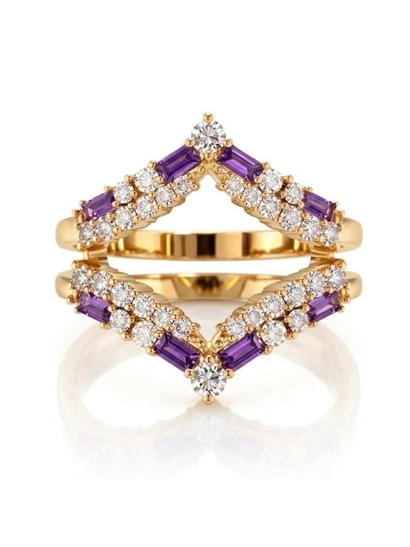 Baguette Cut Amethyst & Diamond Chevron Ring Enhancer, Stacking Ring Enhancer, Anniversary Gift for Wife, Art Deco Bridal Ring, Handmade Jewelry