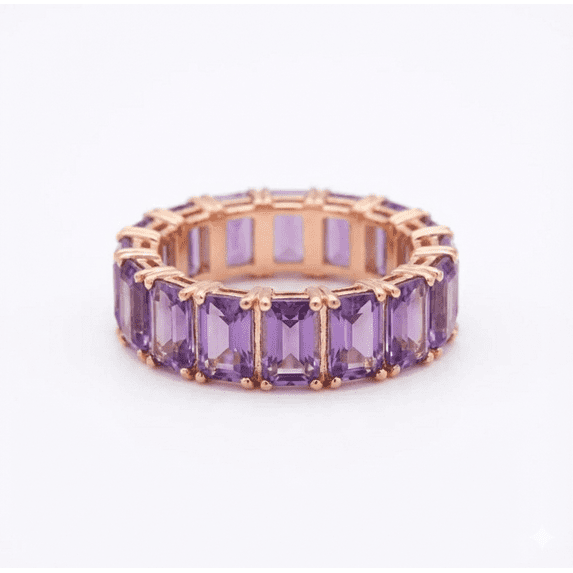 Baguette Cut Amethyst Full Eternity Band Ring, Amethyst Engagement Ring, Purple Gemstone Anniversary Ring For Wife, Stackable Promise Band Ring, February Birthstone Ring