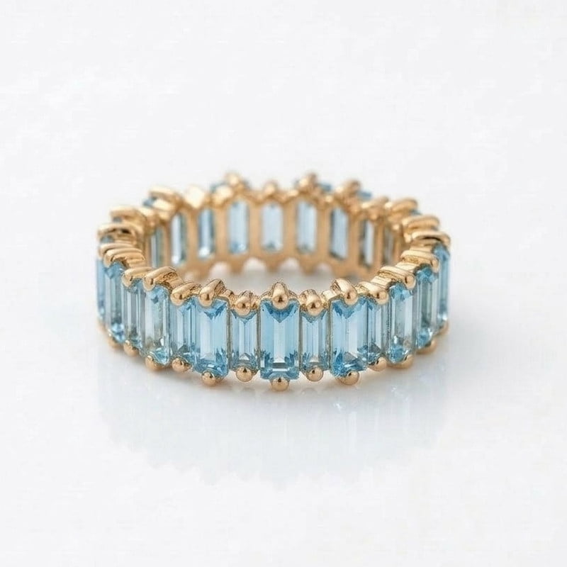 Baguette Cut Aquamarine Eternity Ring, Blue Gemstone Ring, Daily Wear ...