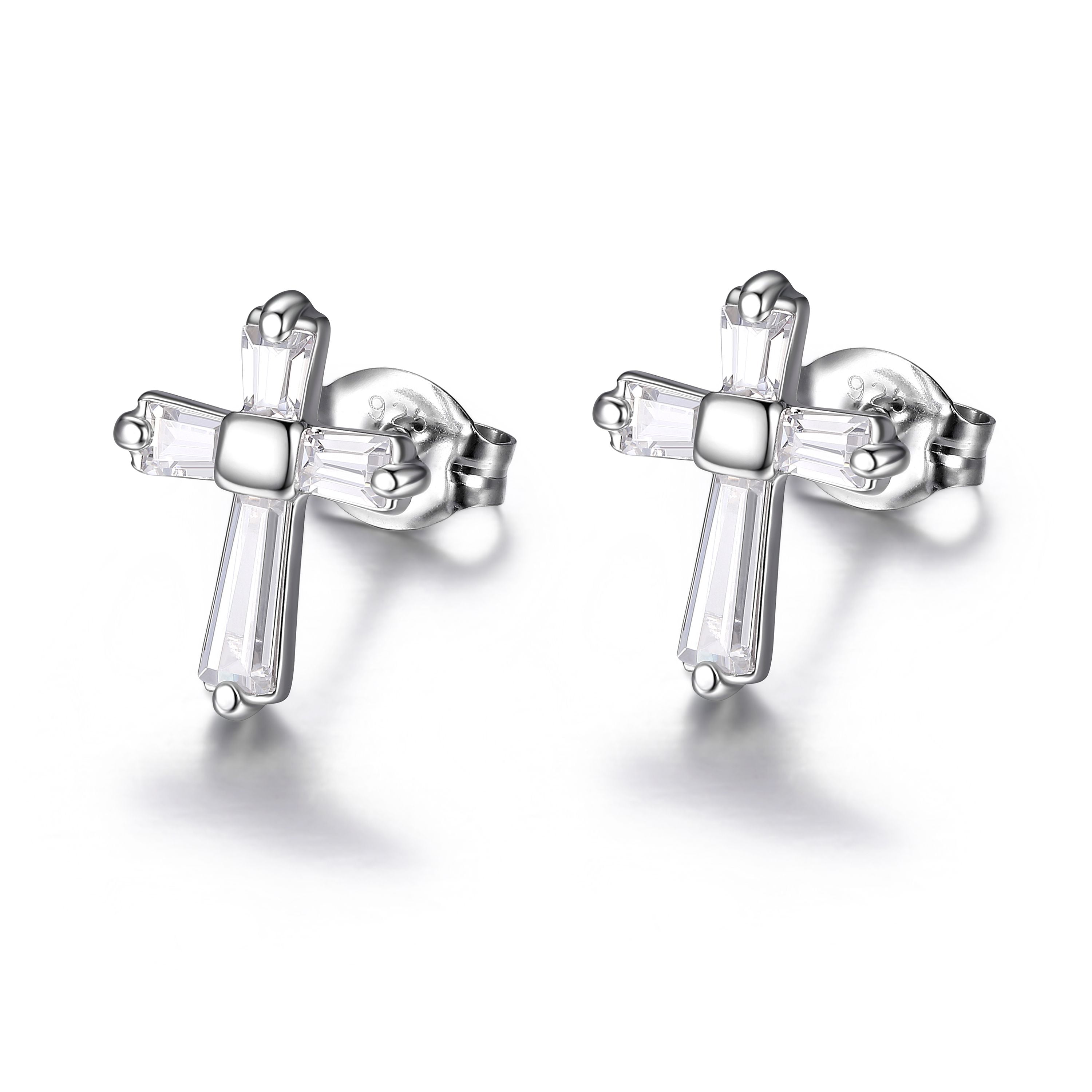 Baguette-Cut Clear CZ Rhodium-Plated Sterling Silver Cross Stud Earrings