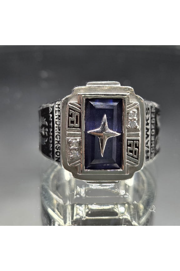 Baguette Cut Customized Birthstone High School Mens Vintage-Style Signet Ring with Blue Stone and Star Accent Class Ring 925 Sterling Silver Graduation Gift