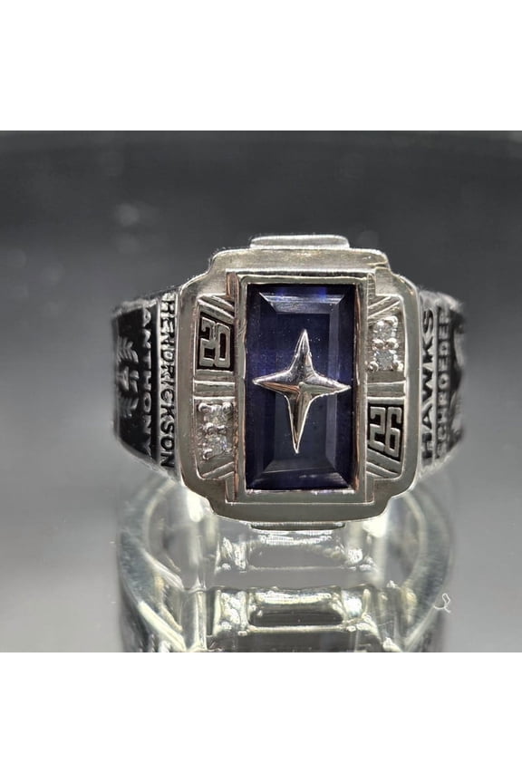 Baguette Cut Customized Birthstone High School Mens Vintage-Style Signet Ring with Blue Stone and Star Accent Class Ring 925 Sterling Silver Graduation Gift