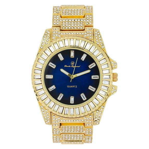 Baguette Cut Diamond Crystal Bling'ed Out Mens Watch - No Reasonable Doubt This is The Timepiece to Flaunt The Wealth - ST10372 (Gold Metal Royal Blue)