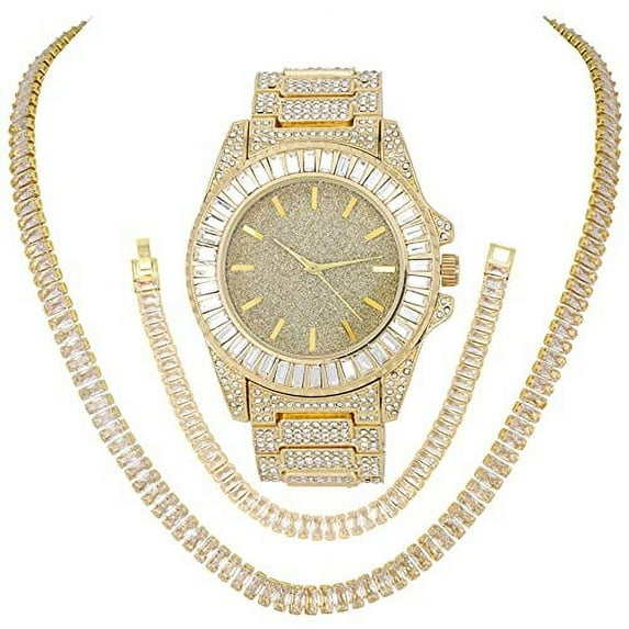 Baguette Cut Diamond Crystal Bling'ed Out Mens Watch & Matching Iced Necklace & Bracelet - No Reasonable Doubt This is The Timepiece & Jewerly to Flaunt The Wealth - ST10372NB Gold Metal Gold, 18"