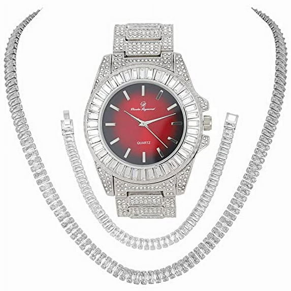 Baguette Cut Diamond Crystal Bling'ed Out Mens Watch & Matching Iced Necklace & Bracelet -No Reasonable Doubt This is The Timepiece & Jewerly to Flaunt The Wealth - ST10372NB SLV Metal Blood Red, 20"
