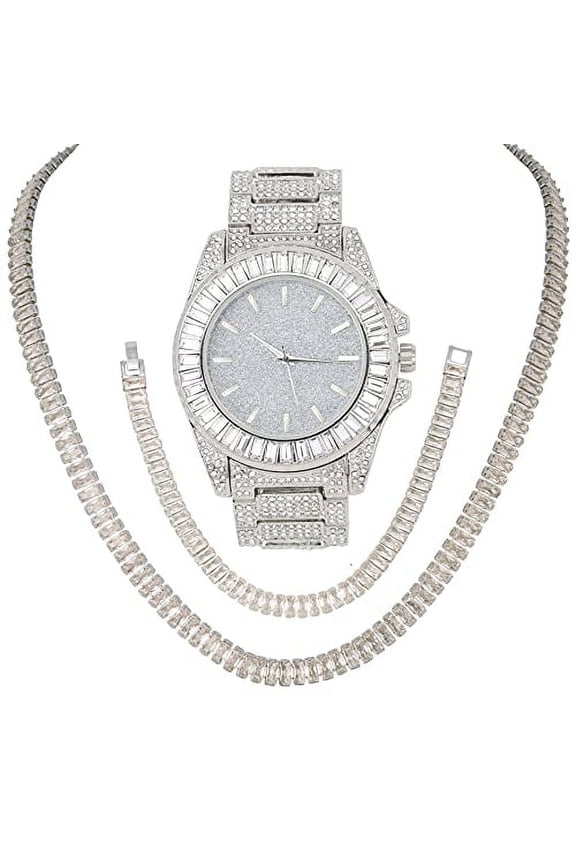 Baguette Cut Diamond Crystal Bling'ed Out Mens Watch & Matching Iced Necklace & Bracelet - No Reasonable Doubt This is The Timepiece & Jewerly to Flaunt The Wealth - ST10372NB SLV Metal SLV 24"