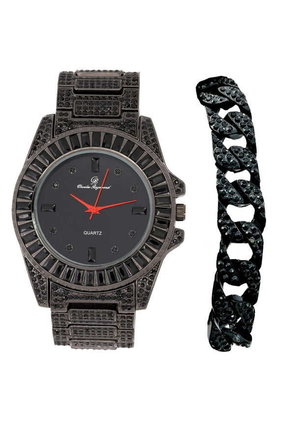 Baguette Cut Diamond Crystal Bling'ed Out Mens Watch Miami Iced Out Cuban Bracelet - No Reasonable Doubt These are The Jewelry Accessories to Flaunt The Wealth - ST10372C (M-BQ-129 Gun/Blk)