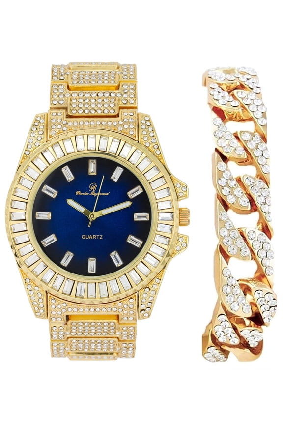 Baguette Cut Diamond Crystal Bling'ed Out Mens Watch Miami Iced Out Cuban Bracelet - No Reasonable Doubt These are The Jewelry Accessories to Flaunt The Wealth - ST10372C (M-BA-101 GLD/Royal Blue)