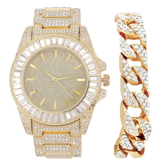 Baguette Cut Diamond Crystal Bling'ed Out Mens Watch Miami Iced Out Cuban Bracelet - No Reasonable Doubt These are The Jewelry Accessories to Flaunt The Wealth - ST10372C (M-GD-106 GLD/GLD GLIT)