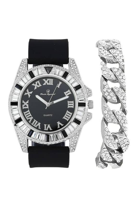 Baguette Cut Diamond Crystal Bling'ed Out Mens Watch Miami Iced Out Cuban Bracelet - No Reasonable Doubt This is The Jewerly Accesories to Flaunt The Wealth - ST10372C (ST10414S-456 SLV/BLK)
