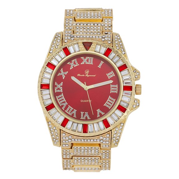 Baguette Cut Diamond Crystal Bling'ed Out Mens Watch - No Reasonable Doubt This is The Timepiece to Flaunt The Wealth - ST10372 (ST10414Gold Metal Red Combo)