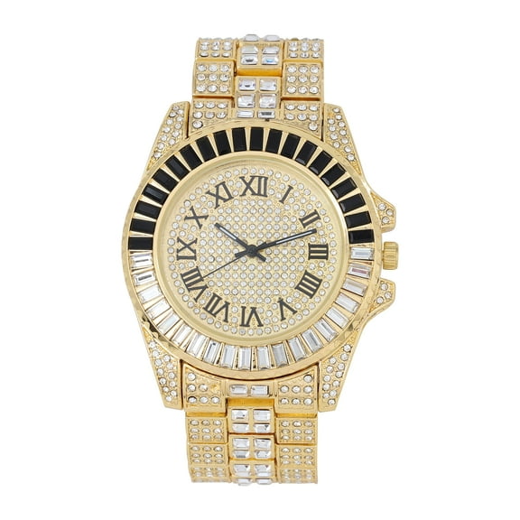 Baguette Cut Diamond Crystal Bling'ed Out Mens Watch - No Reasonable Doubt This is The Timepiece to Flaunt The Wealth - ST10372 (ST10421Gold Metal Blk R#)