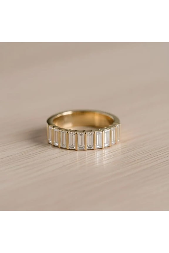 Baguette Cut Diamond Half Eternity Band Ring, Diamond Stackable Engagement Ring, Wedding Ring, Straight Bar Setting Band Ring, April Birthstone Ring, Handmade Jewelry, Statement Ring.
