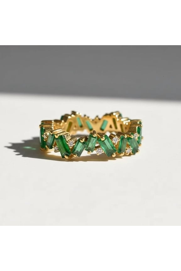 Baguette Cut Emerald & Diamond Full Eternity Ring, Emerald Zig Zag Engagement Ring, Stackable Wedding Band, Minimalist Promise Ring, Matching Band Ring, Anniversary Gift For Her