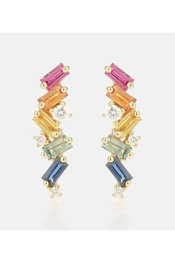 Baguette Cut Lab-Created Multi Sapphire and Zircon Earrings in 925 Sterling Silver