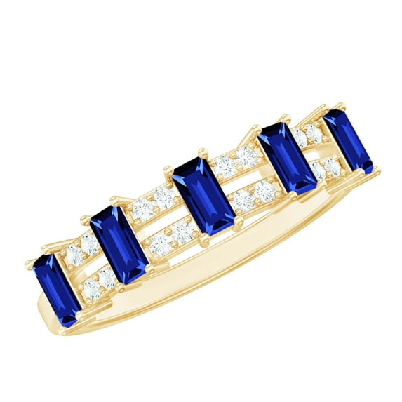 Rosec Jewels Lab Grown Blue Sapphire Half Eternity Ring for Women - Baguette Sapphire Diamond Ring - AAAA Quality, 18K Yellow Gold, US 7.00