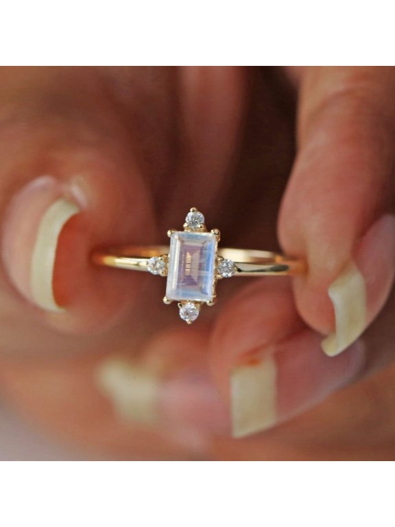 Baguette Cut Moonstone & Diamond Ring, 925 Sterling Silver Ring, Bridal Ring, Stackable Ring, Handmade Fine Jewelry. Gift For Her, Minimalist Ring.