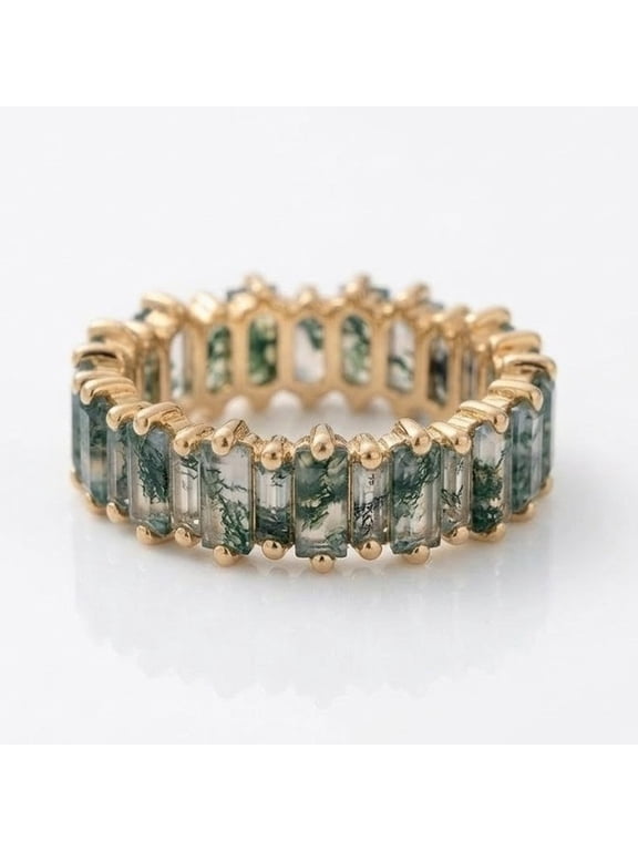 Baguette Cut Moss Agate Eternity Ring, Nature Inspired Ring, Matching Band Ring, Proposal Ring, Handmade Jewelry