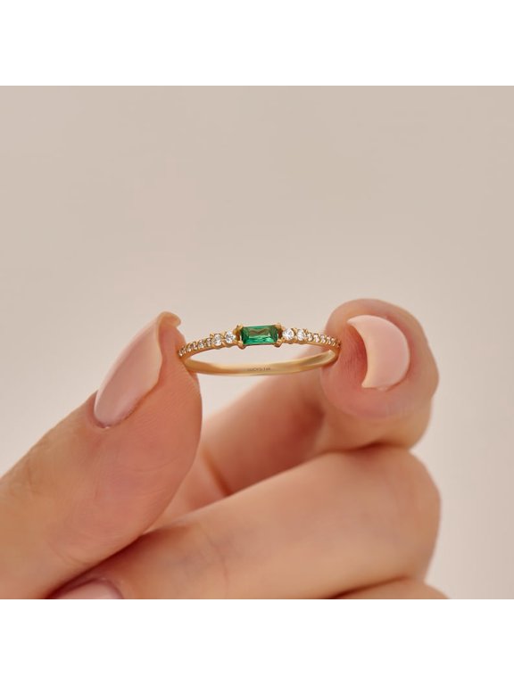 Baguette Cut Natural Emerald Ring Delicate Moissanite Accented Engagement Ring 14k Gold Wedding Ring Astrological May Birthstone Ring for Women