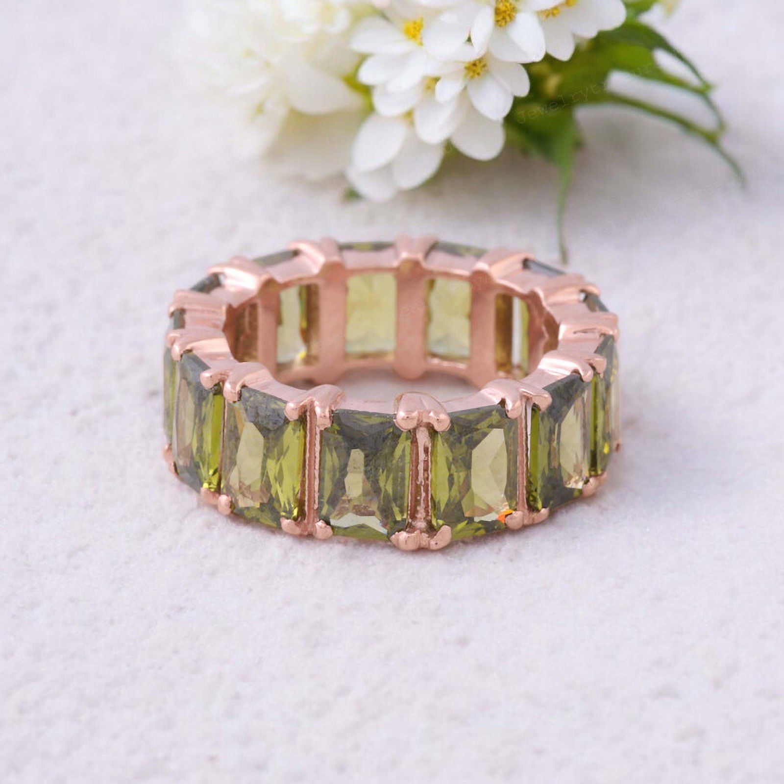 Baguette Cut Peridot Band 14k Solid Gold Wedding Band Full