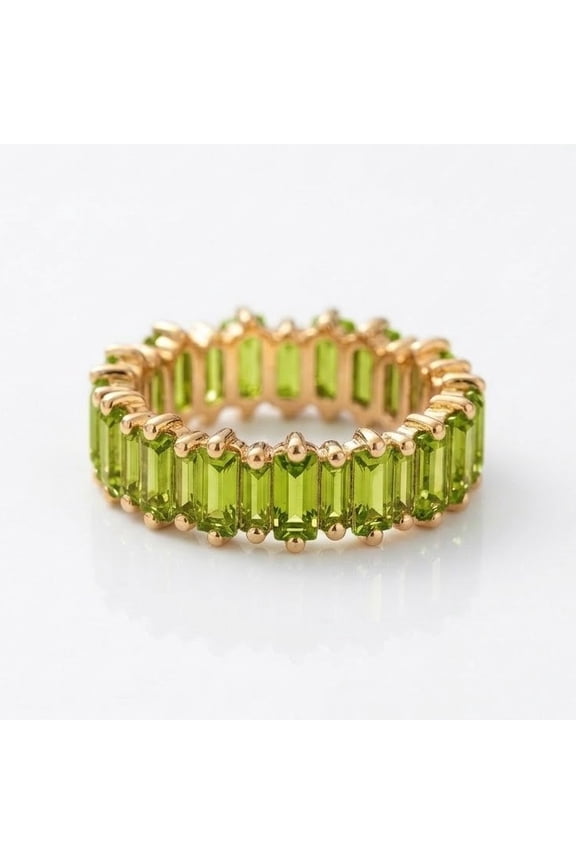 Baguette Cut Peridot Eternity Band Ring, Stackable Emgagement Band Ring, Matching Ring, Green Gemstone Ring, August Birthstone Ring, Handmade Jewelry