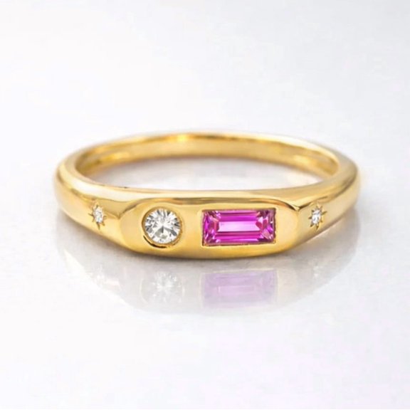 Baguette Cut Pink Sapphire Signet Band Engagement Ring, Star Diamond Wedding Ring, Dome Stackable Ring, Minimalist Anniversary Ring For Her, Handmade Jewelry
