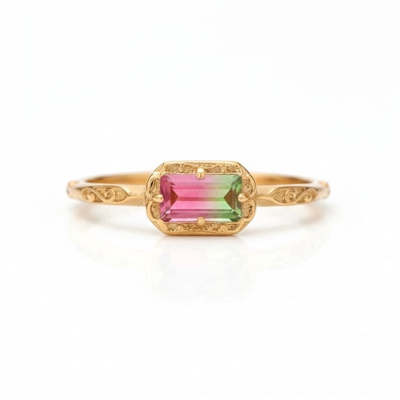 Filagree Ring Pattern Baguette Cut Watermelon Tourmaline Engagement Ring Filigree Detailing ...