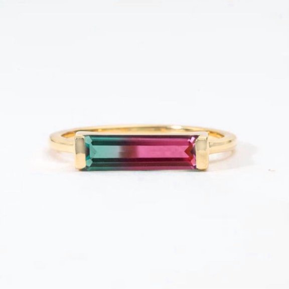 Baguette Cut Watermelon Tourmaline Engagement Ring, Solitaire Tourmaline Stackable Ring, Minimalist Proposal Ring, Handmade Jewelry, Half Bezel Set Ring, Delicate Ring