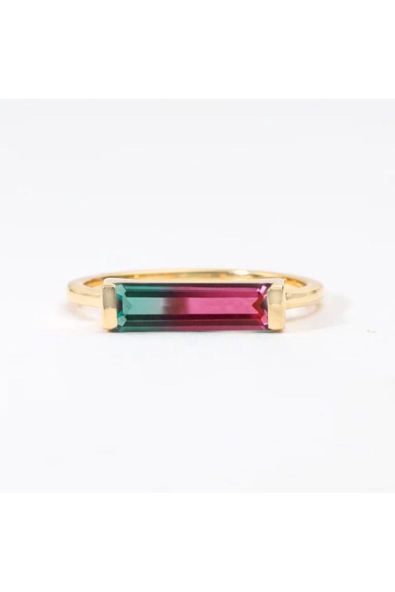Baguette Cut Watermelon Tourmaline Engagement Ring, Solitaire Tourmaline Stackable Ring, Minimalist Proposal Ring, Handmade Jewelry, Half Bezel Set Ring, Delicate Ring