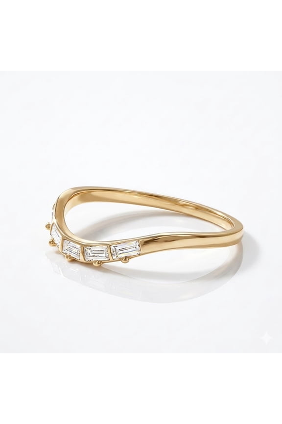 Baguette Cut Cubic Zirconia Curved Wedding Band Ring 14K Yellow Gold Vermeil 925 Sterling Silver Stackable Ring for Women