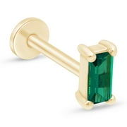 ESTELLA COLLECTION Baguette Emerald Gemstone Flat Back Earring For Women Men 14K Solid Gold Cartilage Earring Threaded Conch Tragus Helix Piercing Jewelry Small Single Stud Earring For Upper Ear