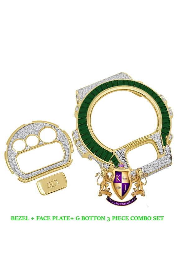 Baguette Emerald Green Yellow Gold Tone G Shock DW-6900 Simulated Diamond Watch Custom Cover Case Face Plate + Bezel + G Button 3 Piece Set