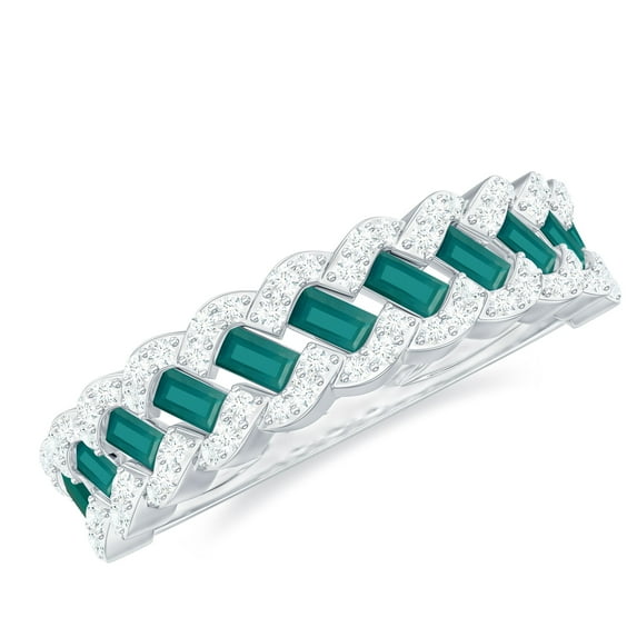 Rosec Jewels Natural Emerald Half Eternity Band with Diamond - Baguette Emerald Ring - AAA Quality - Ready to Gift for Anniversary, 10K White Gold, US 7.00