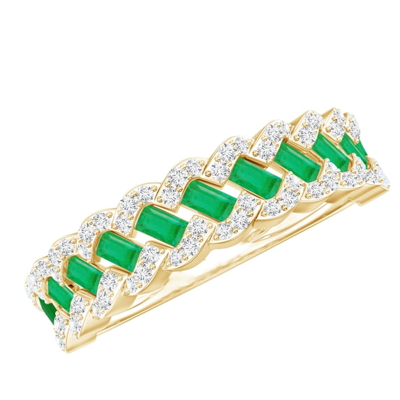 Rosec Jewels Natural Emerald Half Eternity Band with Diamond - Baguette Emerald Ring - AAA Quality - Ready to Gift for Anniversary, 10K Yellow Gold, US 12.50