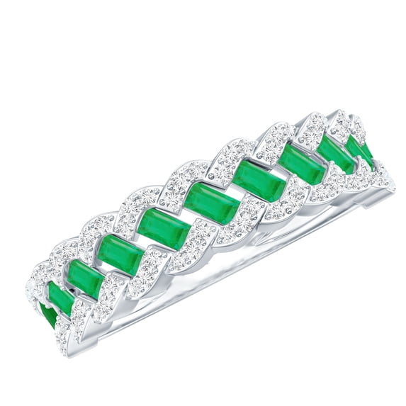 Rosec Jewels Natural Emerald Half Eternity Band with Diamond - Baguette Emerald Ring - AAA Quality - Ready to Gift for Anniversary, 925 Sterling Silver, US 4.00