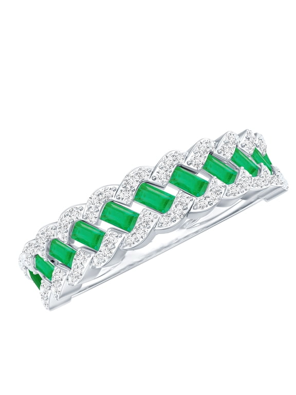 Natural Emerald Half Eternity Band with Diamond - Baguette Emerald Ring - AAA Quality - Ready to Gift for Anniversary, 925 Sterling Silver, US 4.00