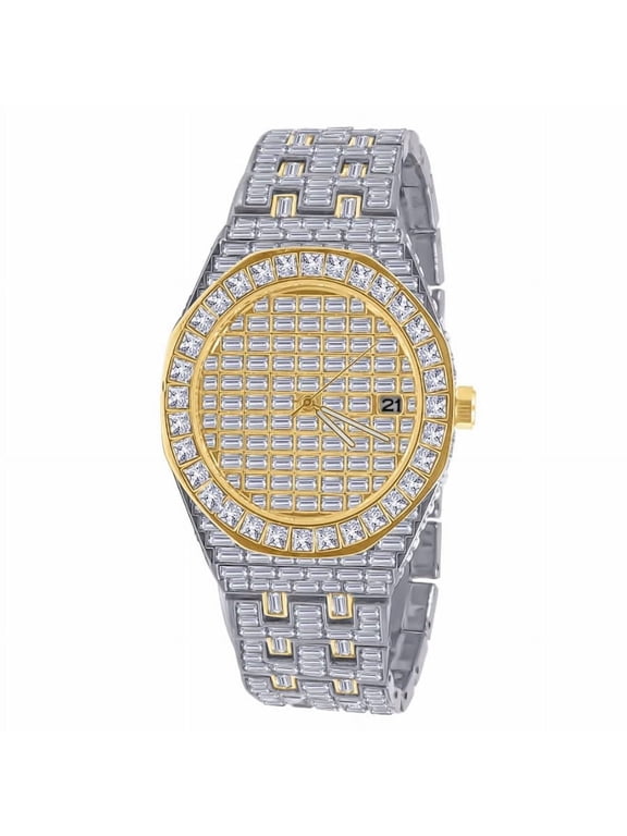 Baguette Fully Iced 18K 2 Tone Gold/White CZ Gold Finish Simulated Diamond 5 ATM Water Resistant Solid Stainless Steel Back Mens Watch W/Date Function 42mm