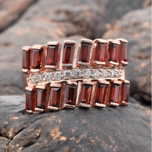 Baguette Garnet Stacking Ring Antique Women Crystal Jewelry Birthstone Promise Ring Wedding Diamond Delicate Band Personalized Gift For Her