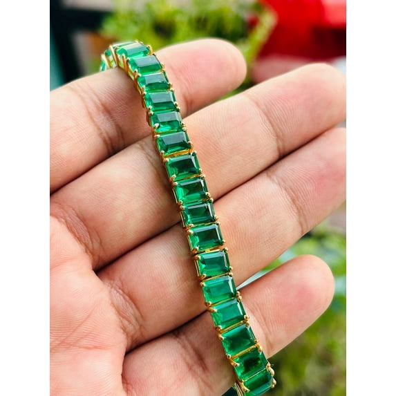 Baguette Green Emerald Gemstone Tennis Bracelet 925 Sterling Silver Wedding Jewelry 18K Gold Plated Unisex Bracelet Anniversary Gift