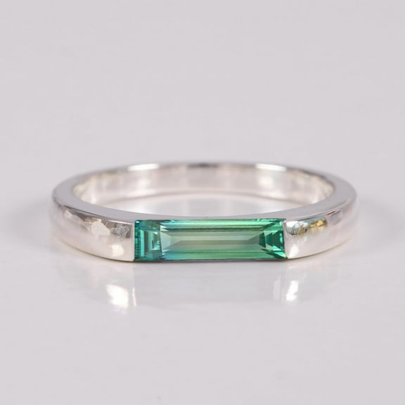 Baguette Green Sapphire Statement Ring, Flush Set Solitaire Ring, 925 Starling Silver Ring, Minimalist Handmade Fine Jewelry Gift For Her Daily Wear Jewelry,