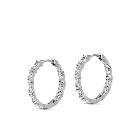 Baguette Hoop CZ Earrings, Sterling Silver 925 with Gift Box