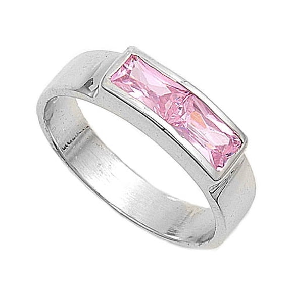 Baguette Invisible Strip Pink Cubic Zirconia Petite Rings Sterling Silver 925
