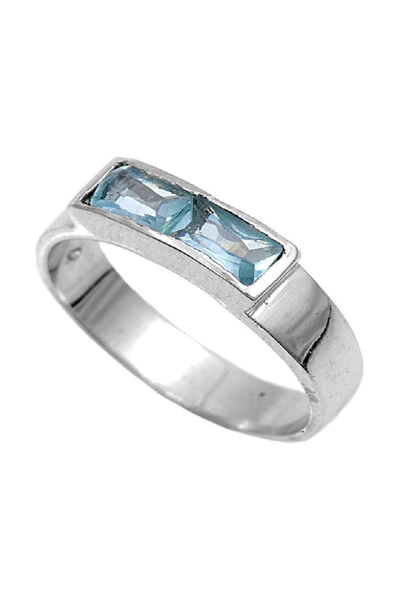Baguette Invisible Strip Simulated Aquamarine Cubic Zirconia Petite Rings Sterling Silver 925