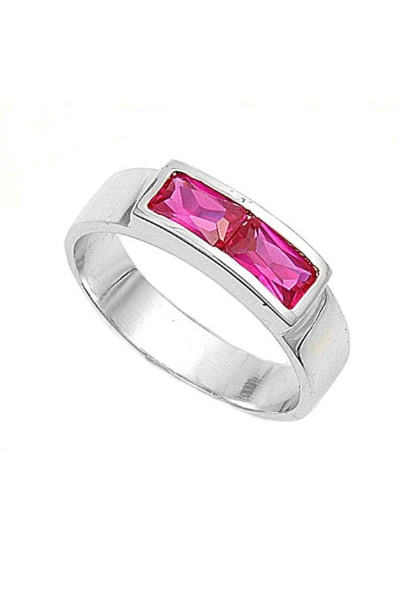 Baguette Invisible Strip Simulated Ruby Cubic Zirconia Petite Rings Sterling Silver 925