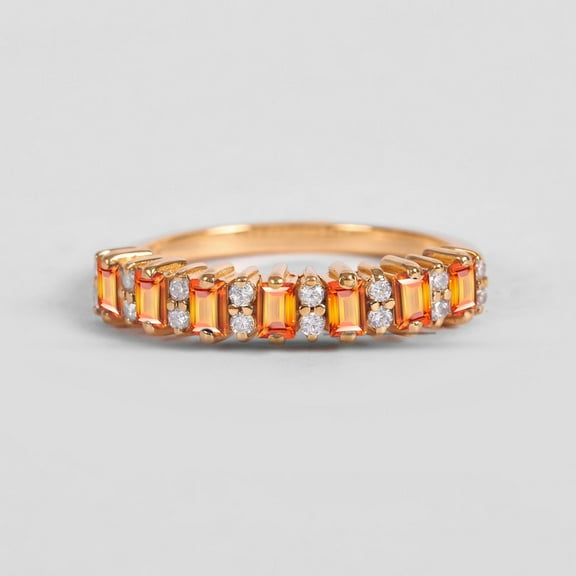 Baguette Orange Sapphire & Diamond Engagement Ring, 925 Silver Half Eternity Band Ring, Alternet Bridal Handmade Ring, Minimalist Ring, Bridal Gift For Her