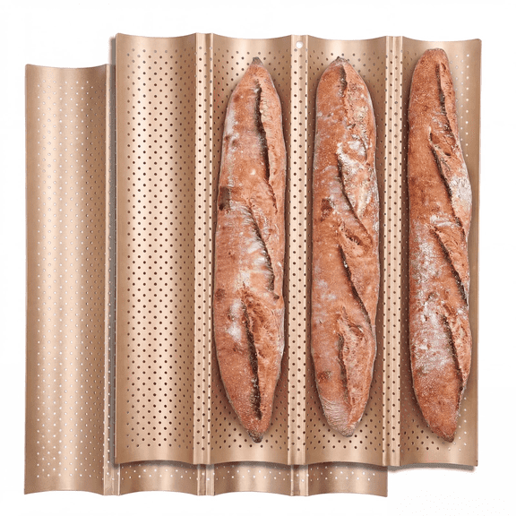 2-Pack Baguette Pan  Perforated Nonstick, 4 Loaves Each, with Proofing Cloth, 15"x13" Gold