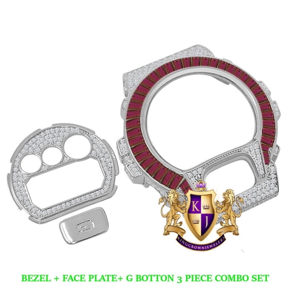Baguette Pink White Gold Tone G Shock DW-6900 Simulated Diamond Watch Custom Cover Case Face Plate + Bezel + G Button 3 Piece Set